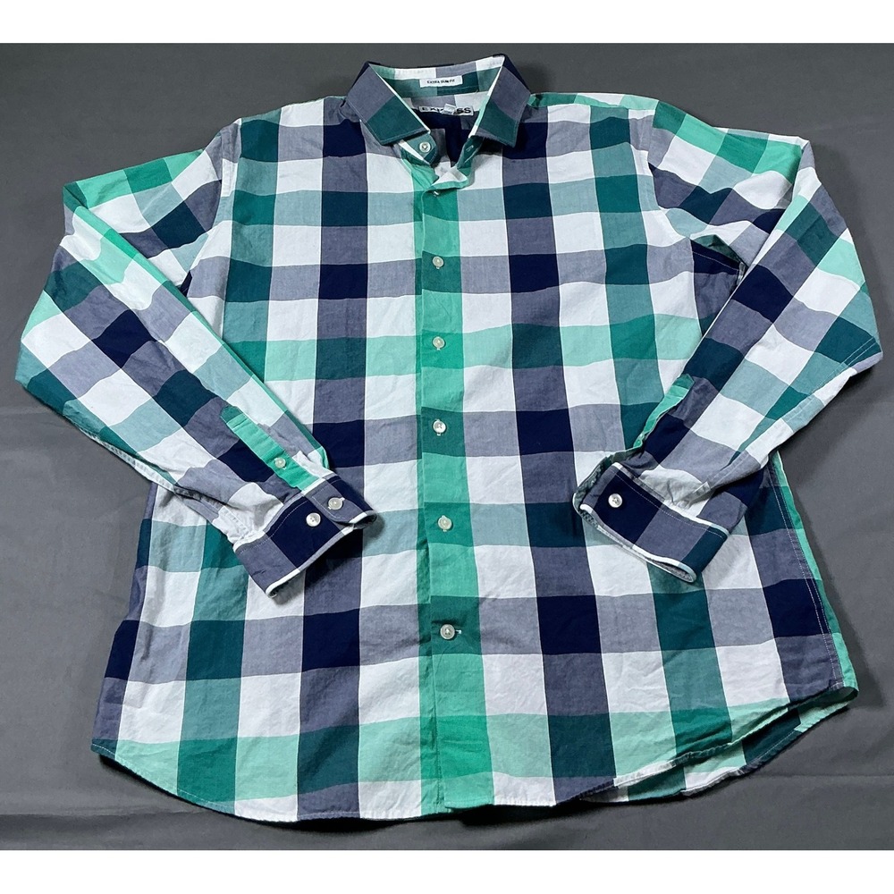 Express Extra Slim Fit Mens XL Green Navy Blue Gingham Check Button Down Shirt